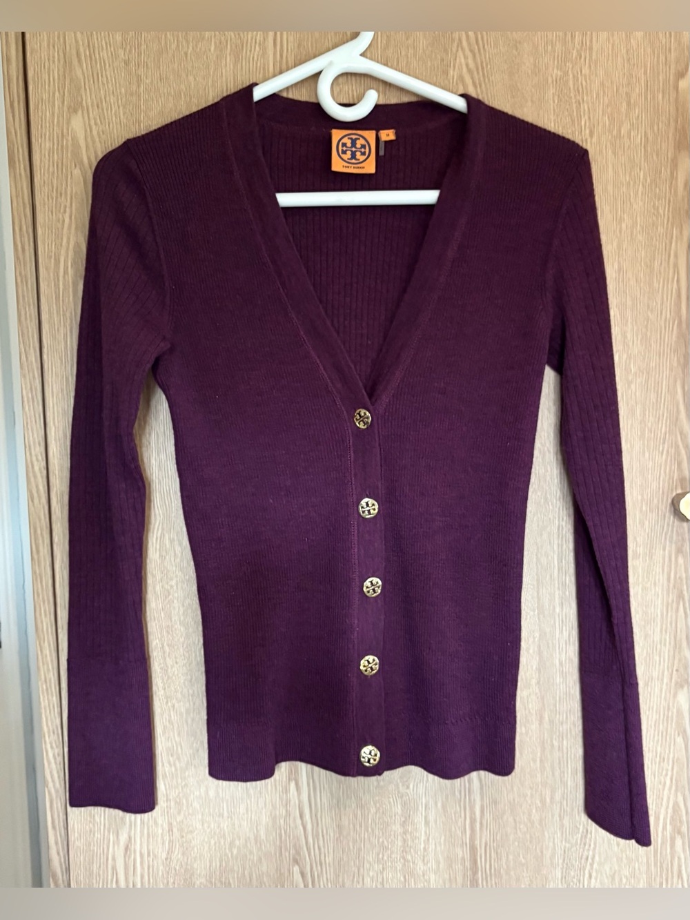 Tory Burch Deep Plum Ribbed V-Neck Button Cardigan
